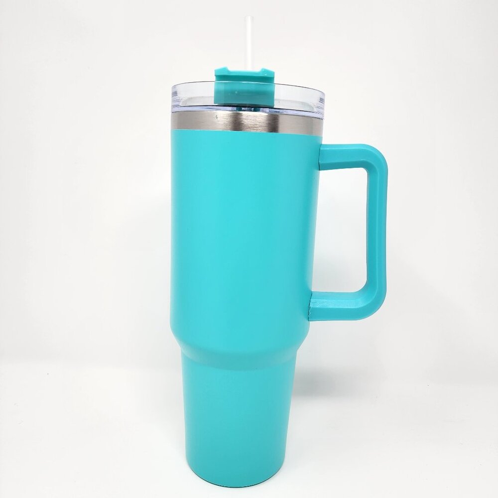 New Stainless Steel Big 40oz Teal Insulated Hot/Cold Tumbler Cup Handle & Straw
